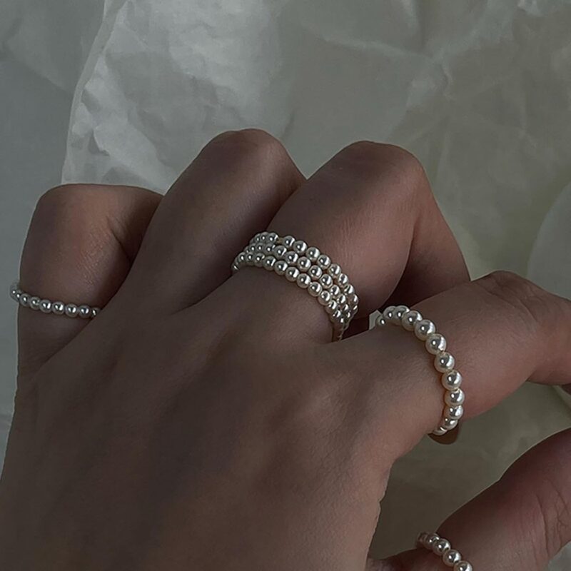 6Pcs Pearl Rings for Women Stackable Pearl Rings Boho Pearl Rings Thin Beaded Rings Wedding Ring Jewelry Gift for Girls