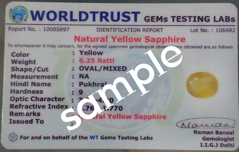 JAGDAMBA GEMS 5.25 Ratti 4.75 Carat Ceylon Yellow Sapphire Gemstone Certified Pukhraj Stone Unheated Untreated for Men and Women