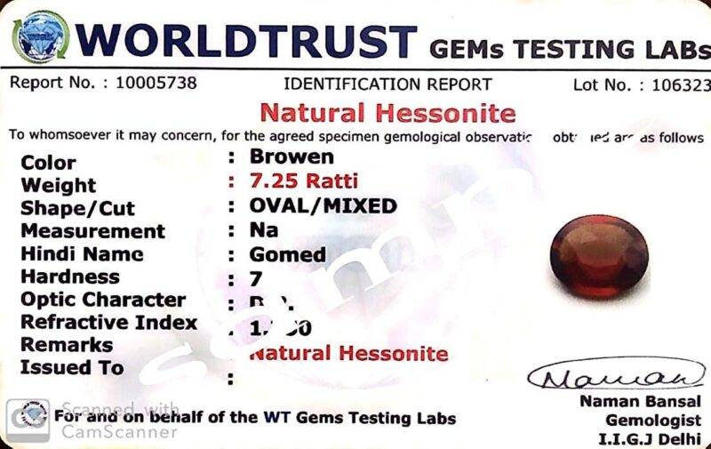 JAGDAMBA GEMS Certified Unheated Untreatet 7.25 Ratti 6.42 Carat A+ Quality Natural Hessonite Garnet Gomed Loose Gemstone for Women's and Men's