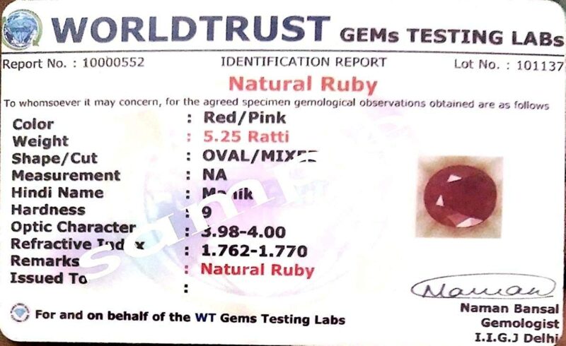 EVERYTHING GEMS 7.25 Ratti / 6.45 Carat Manik Stone A1 Quality Certified Natural Burma Ruby Loose Gemstone for Men and Women