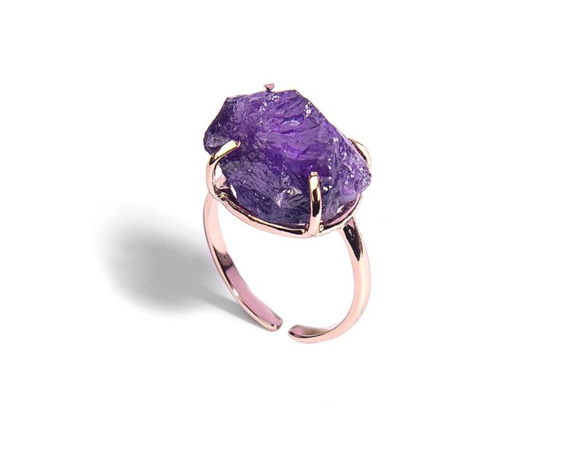 Gempro Natural Raw Amethyst Gemstone Rose Gold Plated Ring for Women (Free Size)