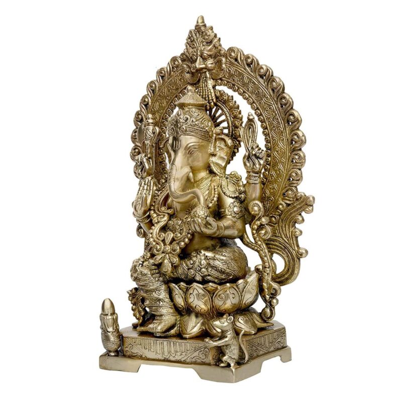 Amazon Brand - Umi Brass Lord Ganesha Sitting On Lotus Carved Frame with Kirtimuka, Height 18 Inches