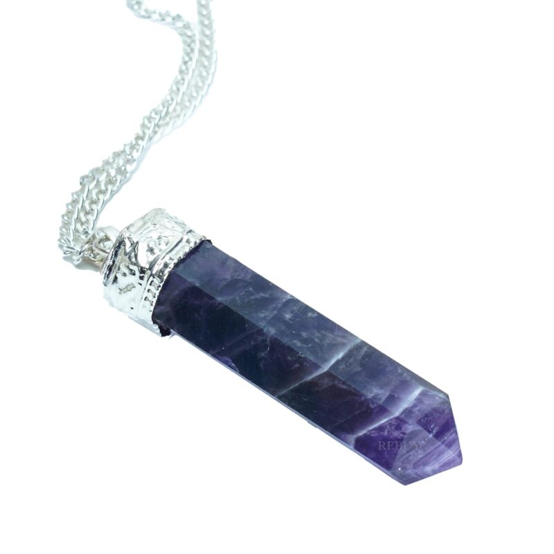 REBUY Natural Amethyst Pendant Crystal Pencil Shape Healing Gemstone with Chain | Jewellery Gift for Women & Men