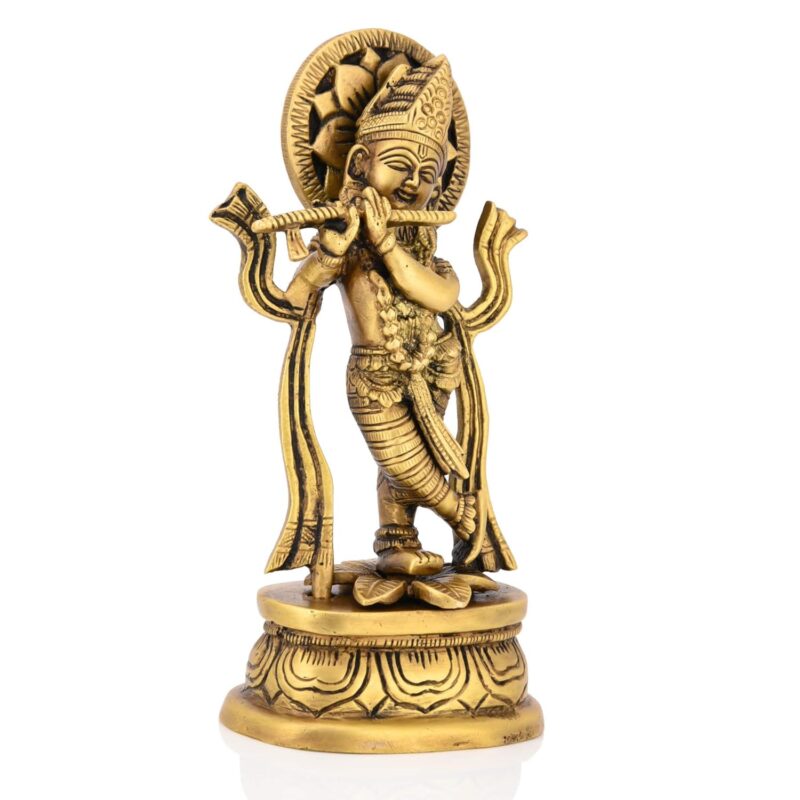 Collectible India Brass Lord Krishna Idol, 7'' x 3'' x 2'', Golden