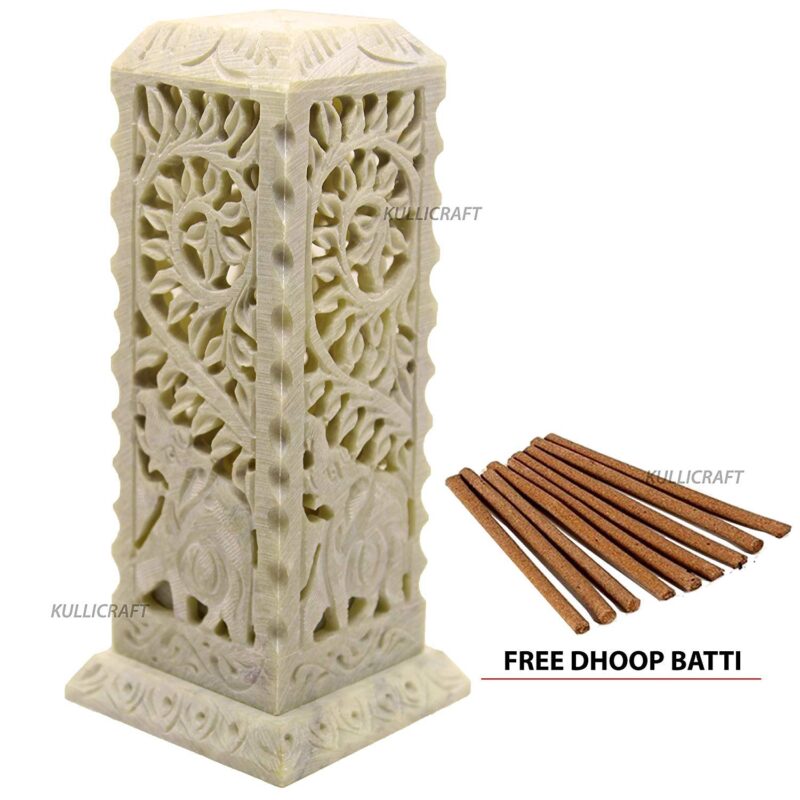 KC KULLICRAFT Handcrafted Elephant Carving Soapstone Marble Incense Agarbati Stand Holder for Puja with 6 Dhoop Batti(Square)