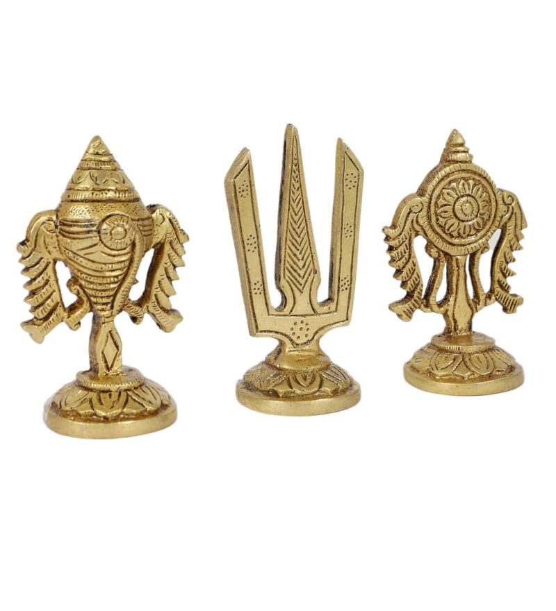 Two Moustaches 3 Inches Brass Shankh Chakra Namah Idols, Standard, Antique Yellow, Pack of 3 Idols