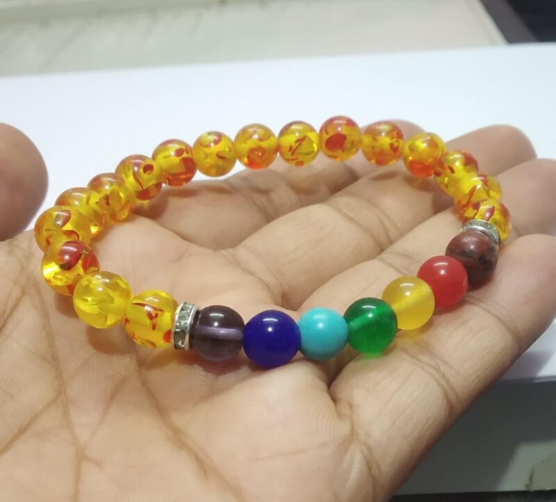 aurrastores Amber and 7 Chakra Stones Crystal Beads (8mm) Unisex Multicolor Bracelet (Lab Certified)