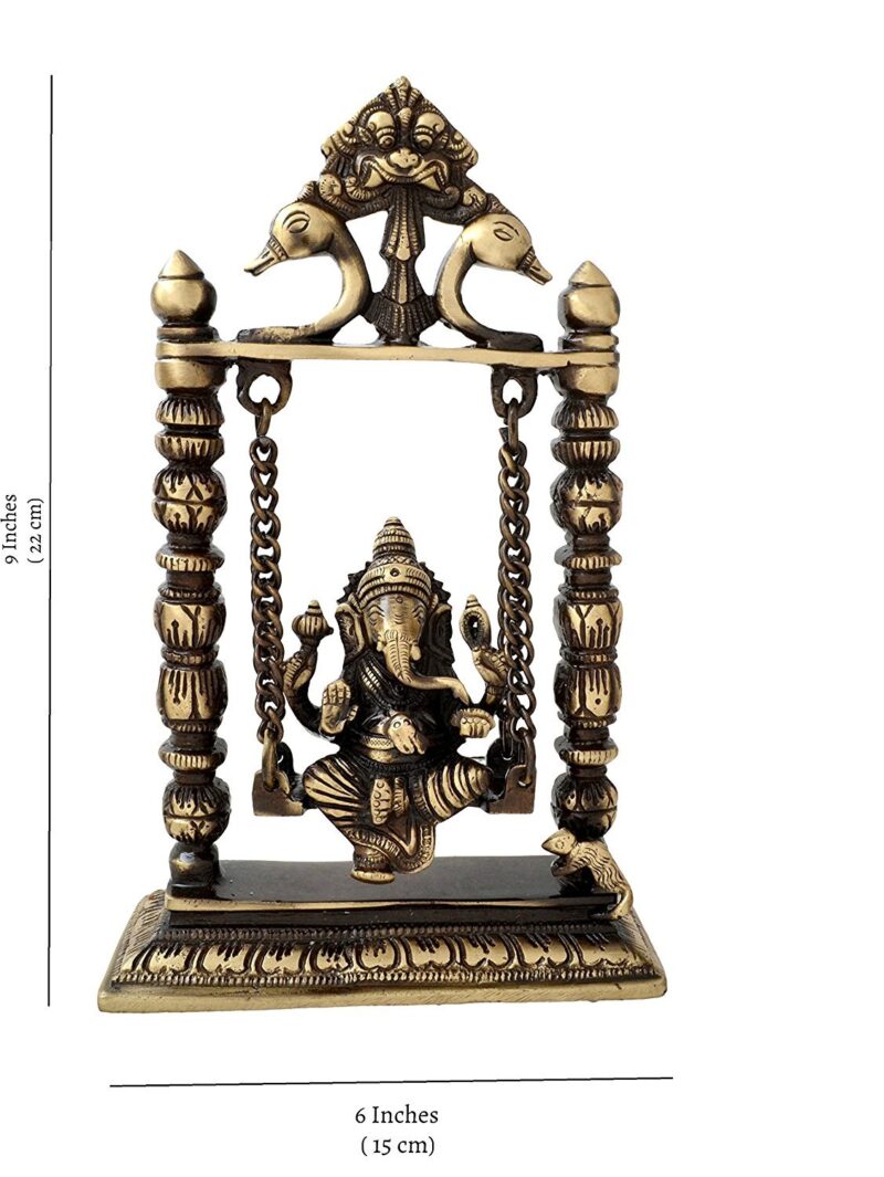 Two Moustaches Brass Ganesha On Jhoola Swing Showpiece, Beautiful Handcrafted Brass Ganesha Statue with Antique Finish (Antique Brown)