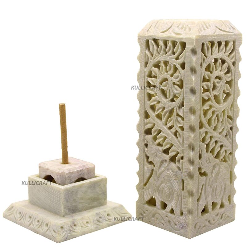 KC KULLICRAFT Handcrafted Elephant Carving Soapstone Marble Incense Agarbati Stand Holder for Puja with 6 Dhoop Batti(Square)