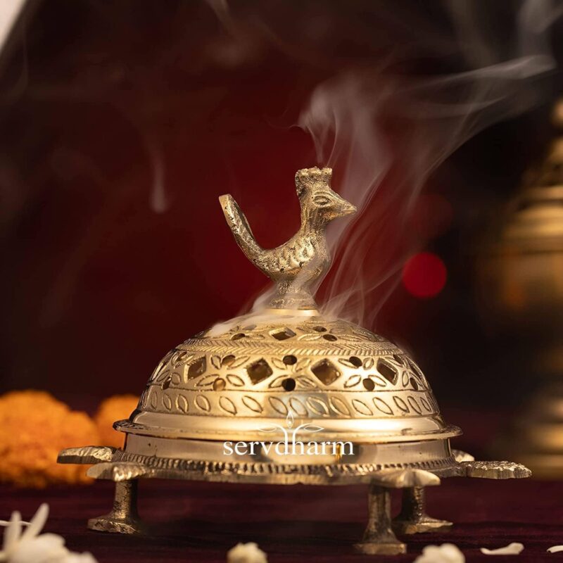 ServDharm Brass Incense Burner Peacock Tortoise Dhoop Dani Dhuni Brass Incense Loban Sambrani Burner, Height 5.5 Inches Weight 500 GMS (Brass Metal, Round, Gold)