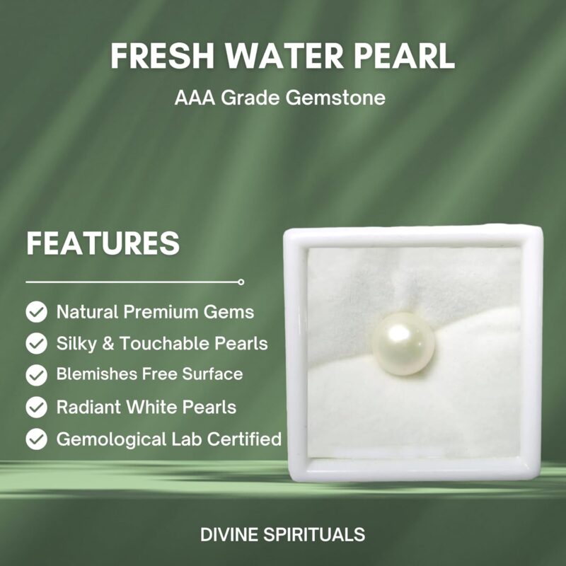 Divine Spirituals Natural Premium Fresh Water Pearl (Original Moti) Lab-Certified AAA Grade Round Cabachon Gems For Moon, Love, Stress Reduction & Ring Jewelry For Men & Women