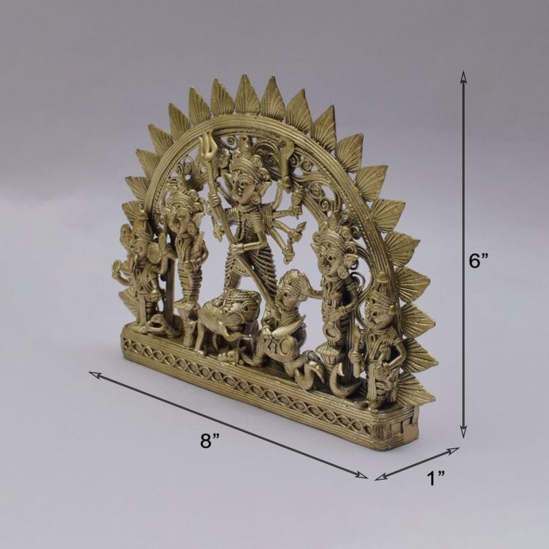 Tarang Arts Brass Dhokra Arts Durga Plate Idol | Handcrafted Metal Devi Durga Sculpture for Home Decor, Puja, Temple, Table/Desk Decor, Office, Religious Festival, Meditation Spaces, Gift (6x8 Inch)