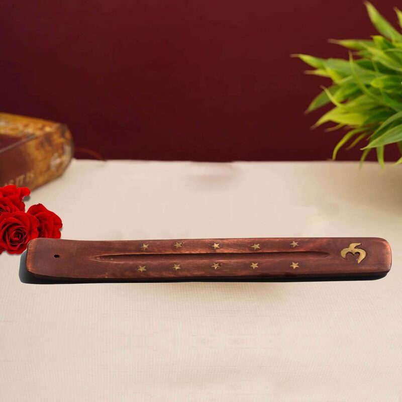 Pure Source India Wooden Incense Holder (10 x 1.5 x 1.5 inch, Brown) Long Brass Inlay OM Design