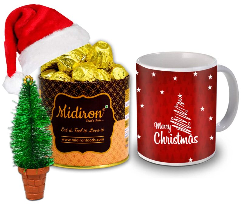 Midiron Lovely Gift Hamper for Christmas|Xmas Gift Combo|Christmas gift pack|Festive Hamper for New Year|Xmas Combo-Handmade Chocolate Tin Box,Santa Cap,Xmas Tree & Printed Coffee Mug