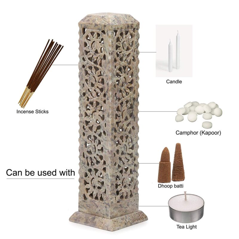 KC KULLICRAFT Handcrafted Soapstone Marble Work Incense Holder Tea Light Candle Holder Diffuser Agarbaati Stands (6 Incense Sticks White Musk Fragnance)(Rectangular)