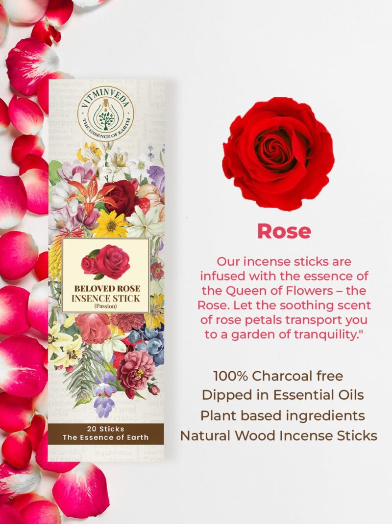 VITMINVEDA Rose Incense Stick, Gulab Agarbatti, Long Lasting Incense | Premium Incense | Luxury Incense | Natural Ayurvedic Incense for Puja Prayer (Stand Not Included) (Pack of 1)