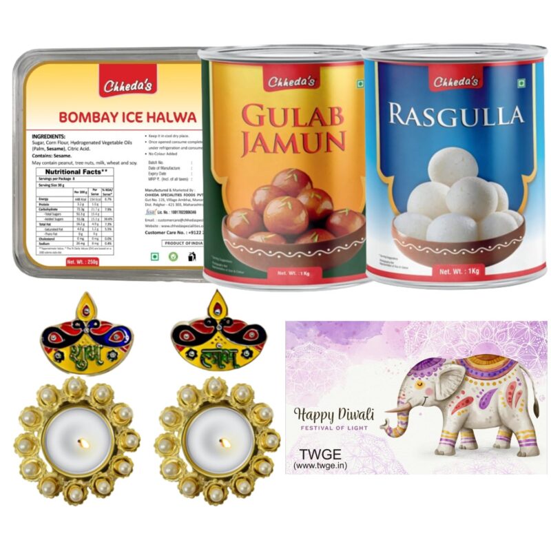 Chheda - Diwali Gift Hamper - Sweet Combo - Rasgulla 1Kg, Gulab Jamun 1Kg & Bombay Ice Halwa 250G - Shubh Labh, Tea Light Holder & Tray Net - Perfect Festive Gift for Diwali & Special Occasions