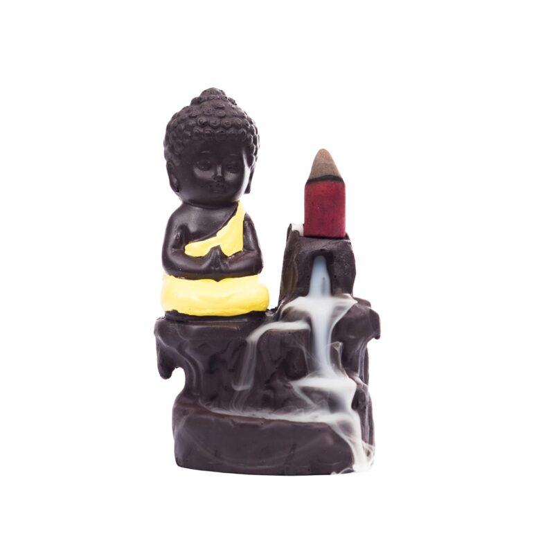 eCraftIndia Meditating Monk Buddha Smoke Backflow Cone Decorative Incense Holder (7 cm x 7 cm x 12, Yellow)