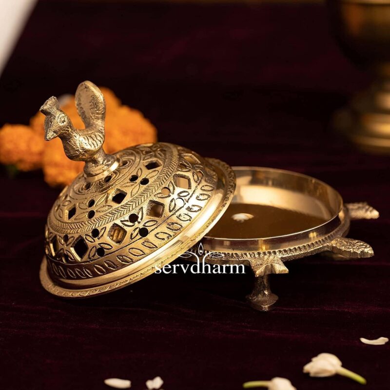 ServDharm Brass Incense Burner Peacock Tortoise Dhoop Dani Dhuni Brass Incense Loban Sambrani Burner, Height 5.5 Inches Weight 500 GMS (Brass Metal, Round, Gold)