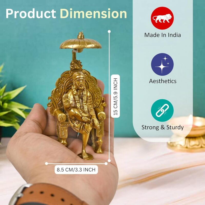 CRAFTHUT Beautiful Brass Statue Idol Shirdi Sai Baba with Chair and Chatra Statue Religious Harmony Gift Spiritual for Home Décor, Office Decorative Items (LXBXH- 8.5 X7.0 X15.0 CMS)