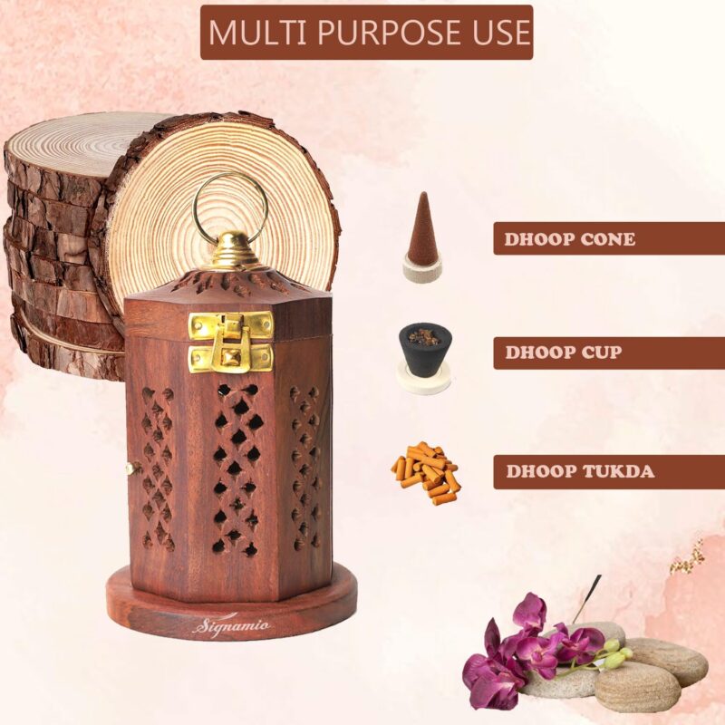 SIGNAMIO® Hanging Wooden Sambrani Dhoop Dhup Cup Cone Batti Stand, Incense Holder for Pooja Puja Item Stand Ash Catcher Handcrafted Traditional Design for Aromatic Rituals - Pack of 1