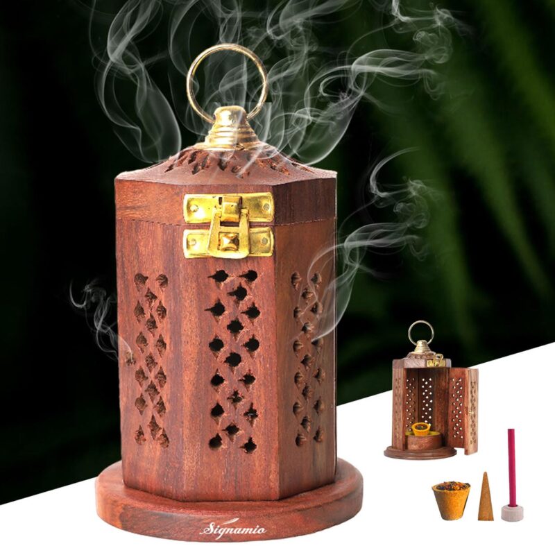 SIGNAMIO® Hanging Wooden Sambrani Dhoop Dhup Cup Cone Batti Stand, Incense Holder for Pooja Puja Item Stand Ash Catcher Handcrafted Traditional Design for Aromatic Rituals - Pack of 1