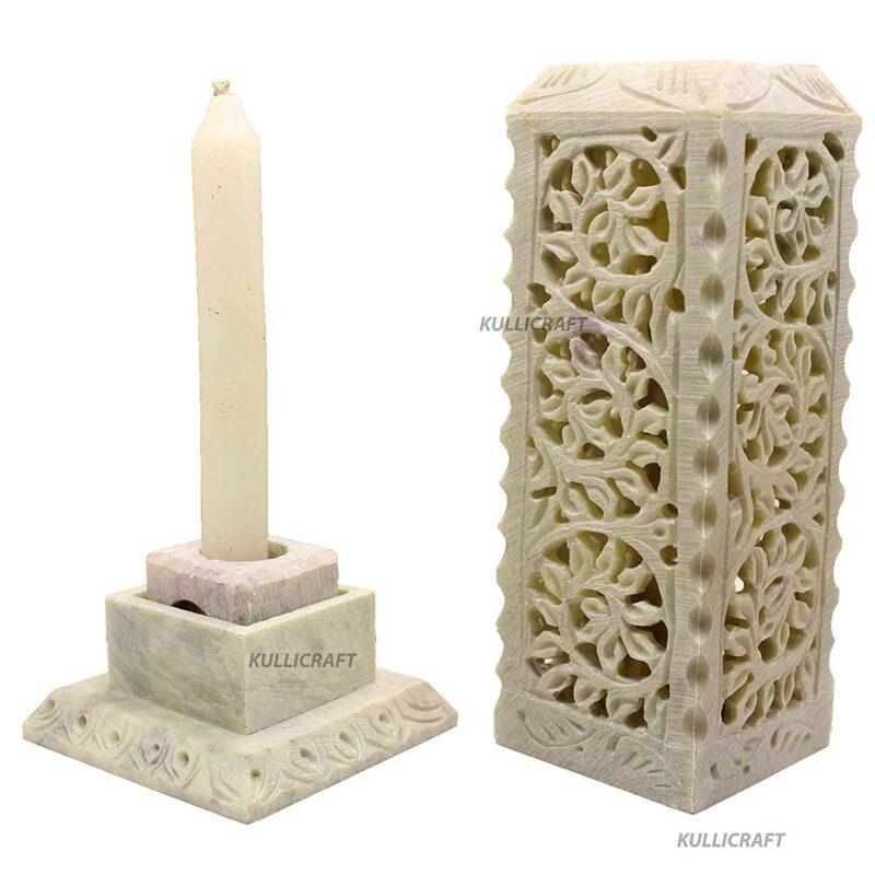 KC KULLICRAFT Soapstone Marble Handcrafted Floral Carving Incense Agarbati Stand Holder for Puja with 6 Dhoop Batti