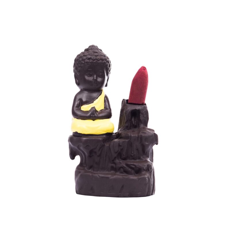 eCraftIndia Meditating Monk Buddha Smoke Backflow Cone Decorative Incense Holder (7 cm x 7 cm x 12, Yellow)