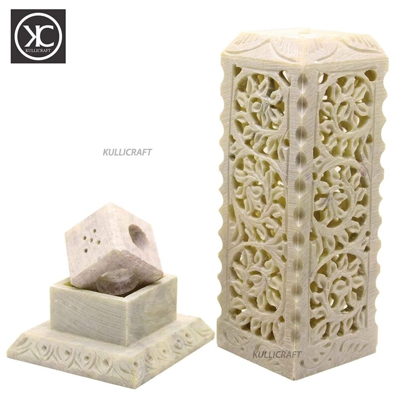 KC KULLICRAFT Soapstone Marble Handcrafted Floral Carving Incense Agarbati Stand Holder for Puja with 6 Dhoop Batti