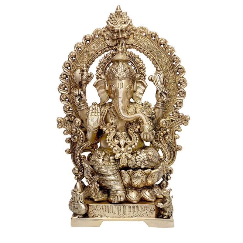 Amazon Brand - Umi Brass Lord Ganesha Sitting On Lotus Carved Frame with Kirtimuka, Height 18 Inches