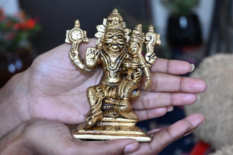 Antiq Decor Lakshmi Narasimha Swamy Idol Brass (4 Inch) Small Size laxmi narasimha Brass Statue for Home Decor puja