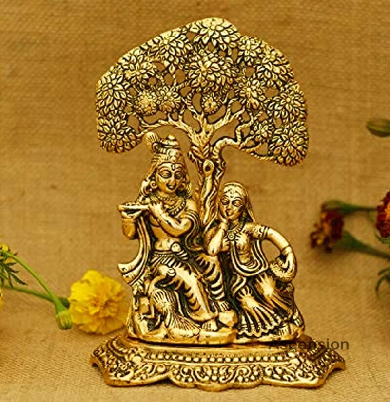 ascension Designer Brass Metal Radha Krishna Under Tree Idol (Golden, Medium)