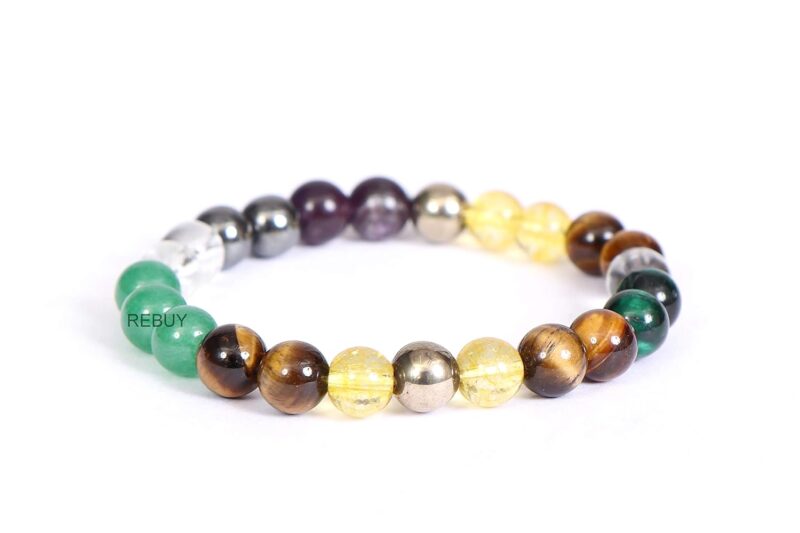 Rebuy Money Magnet Bracelet Pyrite, Green Aventurine, Citrine, Hematite, Clear Quartz, Green Tiger Eye, Amethyst Crystal Healing Natural Gemstone Bracelet For Men & Women, Bead Size 8 Mm, Multi Color