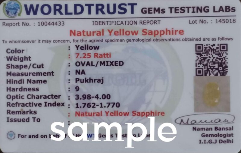 NAMDEV GEMS Yellow Sapphire Pukhraj 6.00 Carat GGTL Certified from Sri Lanka (Ceylon) Natural Original AAA++ Quality Loose Gemstone