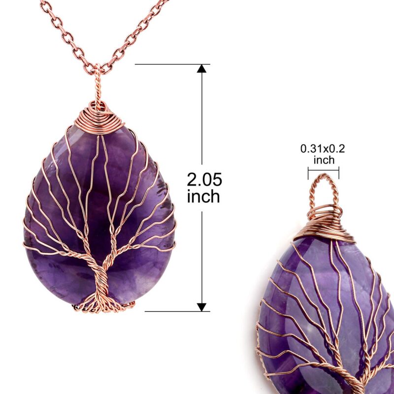 Top Plaza Wire Wrapped Tree of Life Natural Gemstone Teardrop Pendant Necklace Healing Crystal Chakra Jewelry for Women - Amethyst