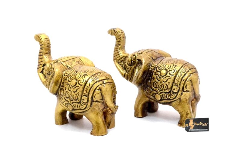 Two Moustaches Handcrafted Brass Elephant Showpiece, Antique Yellow, Standard, Pack of 2