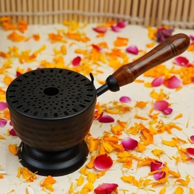 ServDharm Hammered Base Incense Burner Home Purifying Loban Dhoop Dani Dhuni Diameter 3.5 in(Metal, Round, Black)