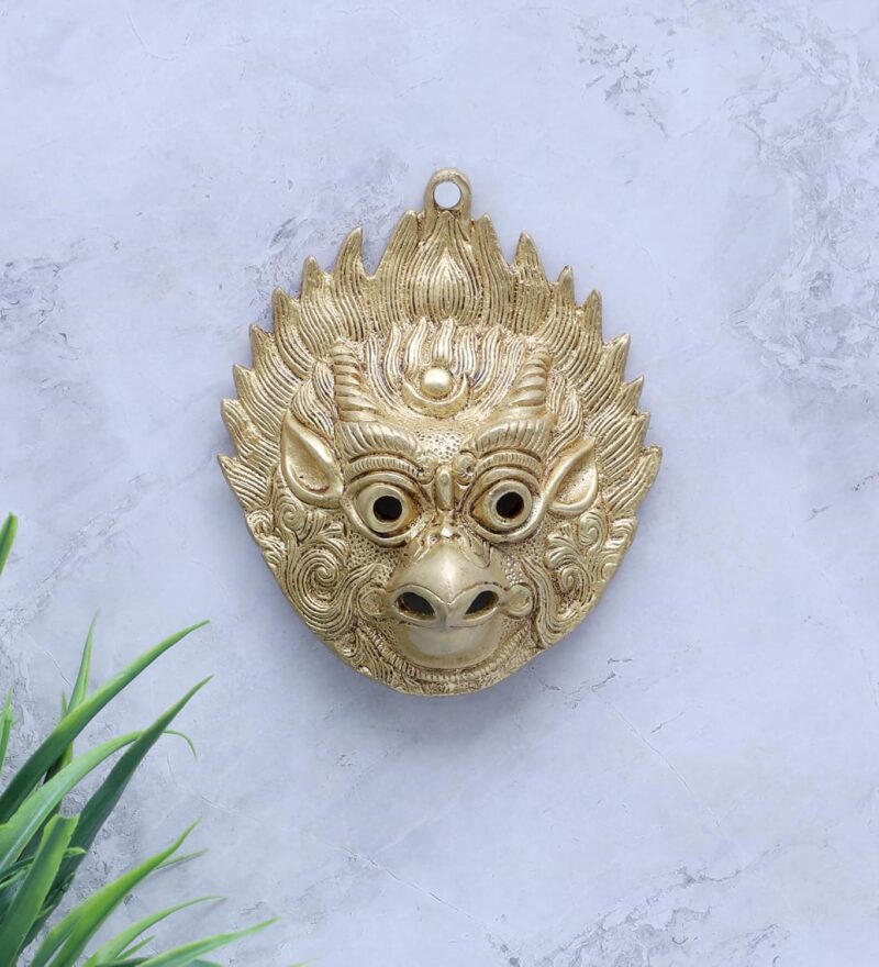 Two Moustaches 5.5 Inches Garuda Face Design Brass Yali Wall Hanging, Brass Wall Decor Showpiece, Antique Yellow, Pack of 1