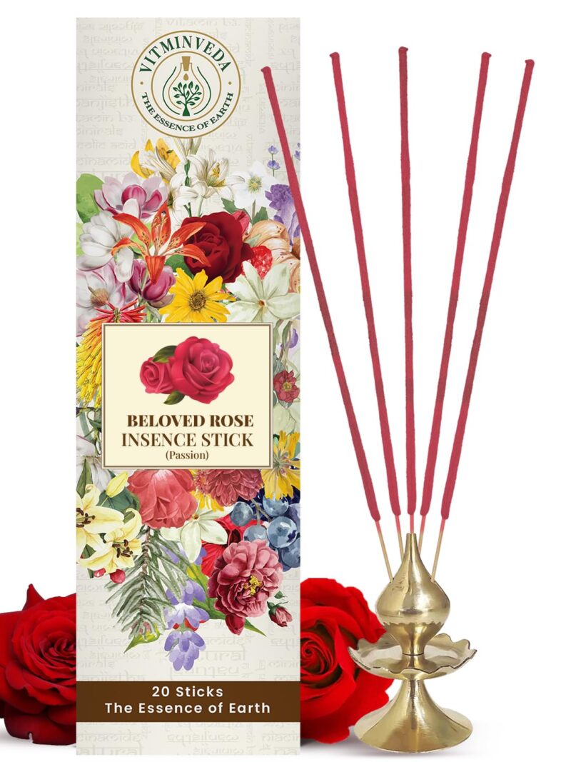 VITMINVEDA Rose Incense Stick, Gulab Agarbatti, Long Lasting Incense | Premium Incense | Luxury Incense | Natural Ayurvedic Incense for Puja Prayer (Stand Not Included) (Pack of 1)