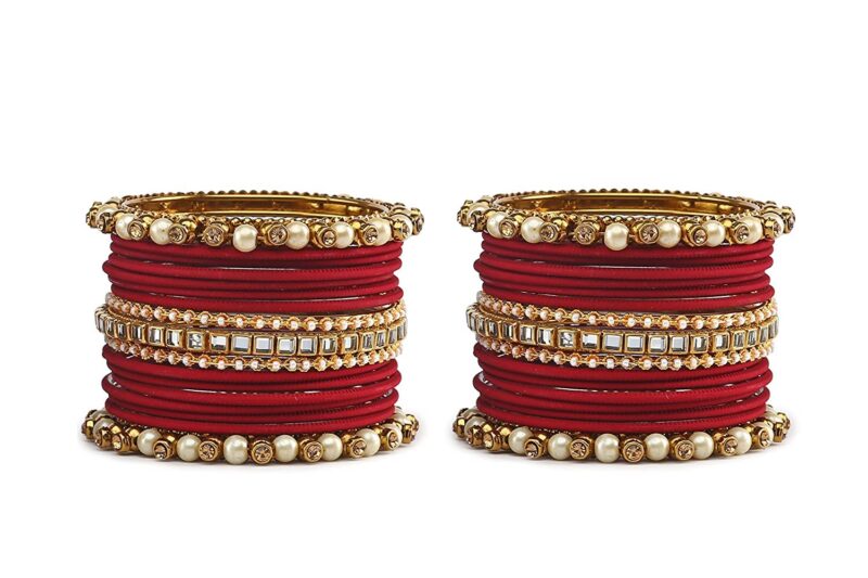 T4 Jewels Brass Metal Beads, Stones And Gemstones Studded Pearl & Glossy Finished Bangle Set For Women & Girls