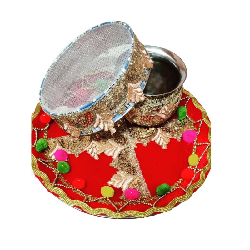 THEPRINTSHINE Karwa Chauth Puja Thali | Set of 3 Pc Karwa Chauth Pooja Thali - Lota, Channi, Plate, Pooja Kit for Womens (Standard_10)