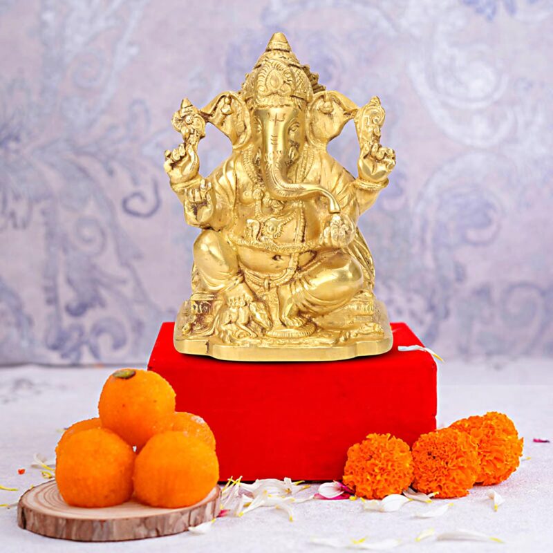 APKO Lord Ganesha Brass Idol Statue for Pooja Home Décor Gifts, God Ganesh Sculpture Diwali Decoration Items 6 Inches