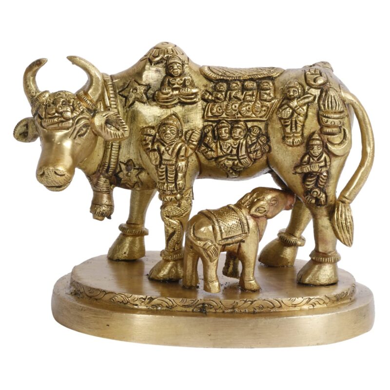 Kartique Brass Kamadhenu The Wish-Fulfilling Cow with Bhagwan Engraving Idol Surabhi Statue for Home Decor Vastu Feng Shui Good Luck Marriage Couple Gift Gold Color Height 3.5 Inch