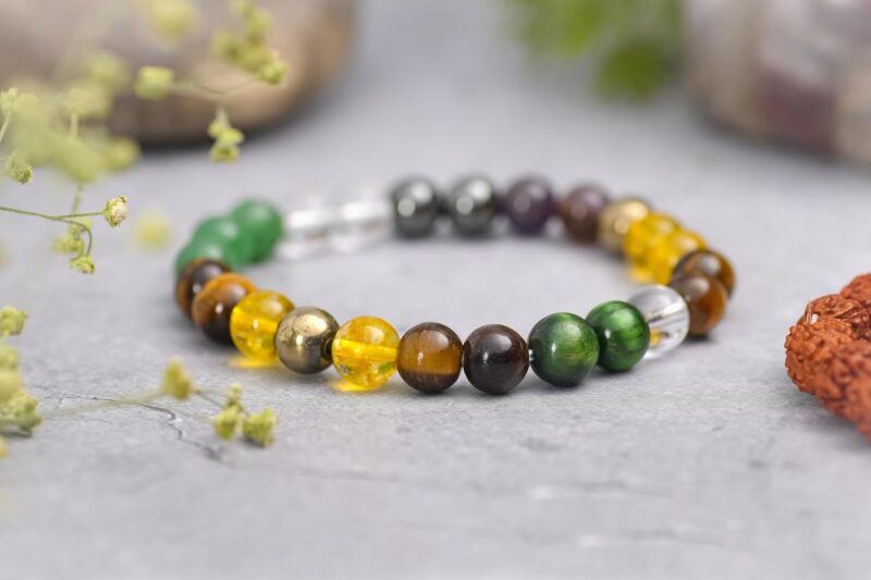 Rebuy Money Magnet Bracelet Pyrite, Green Aventurine, Citrine, Hematite, Clear Quartz, Green Tiger Eye, Amethyst Crystal Healing Natural Gemstone Bracelet For Men & Women, Bead Size 8 Mm, Multi Color