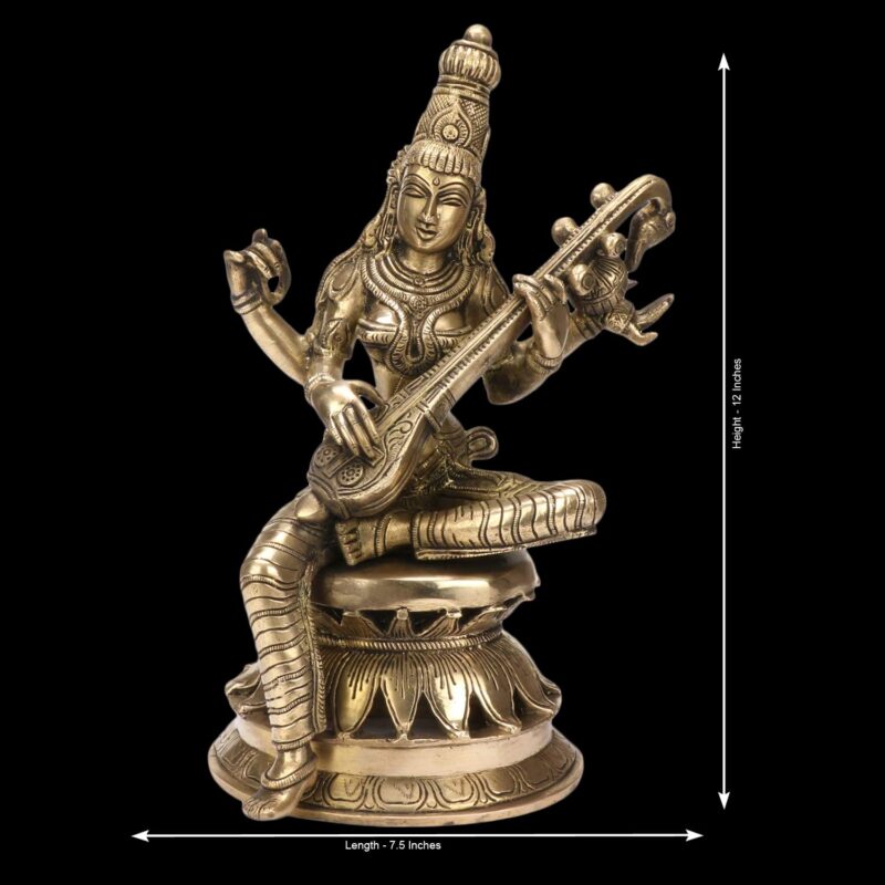 Kartique Brass Saraswati Idol with Veena, Antique Gold Finish, 12 Inches Height, for Home Decor, Pooja Room, and Gifts