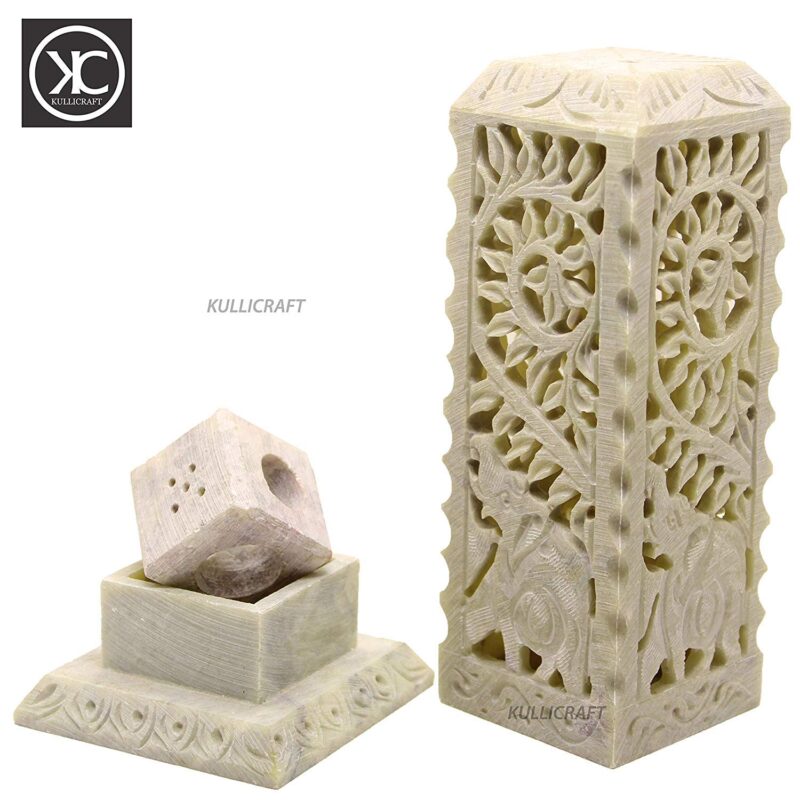 KC KULLICRAFT Handcrafted Elephant Carving Soapstone Marble Incense Agarbati Stand Holder for Puja with 6 Dhoop Batti(Square)