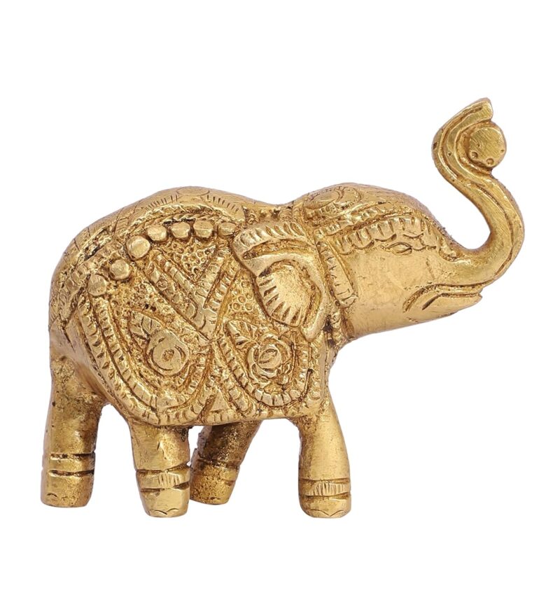 Two Moustaches Handmade Ethnic Indian Brass Elephant Decor Showpiece, Standard, Golden, Pack of 1