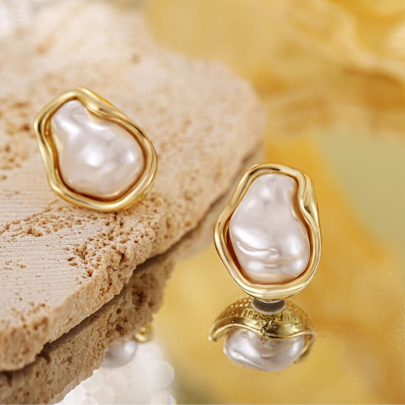 RAUCHBE Baroque Pearl Stud Earrings For Women Irregular Pearl Earrings Pearl Wedding Earrings Trendy Jewelry, Stainless Steel, No Gemstone