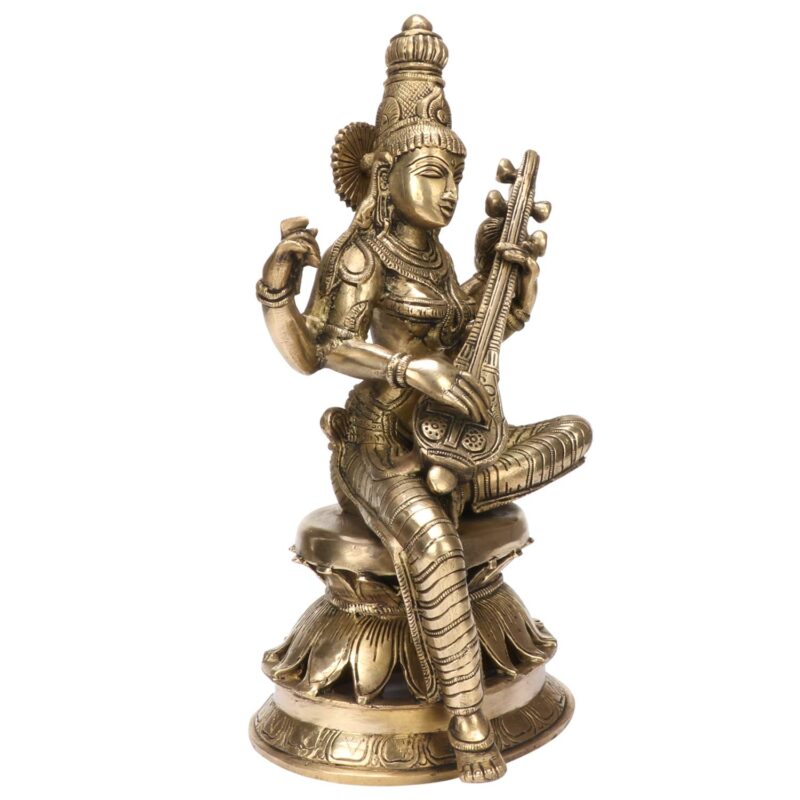 Kartique Brass Saraswati Idol with Veena, Antique Gold Finish, 12 Inches Height, for Home Decor, Pooja Room, and Gifts