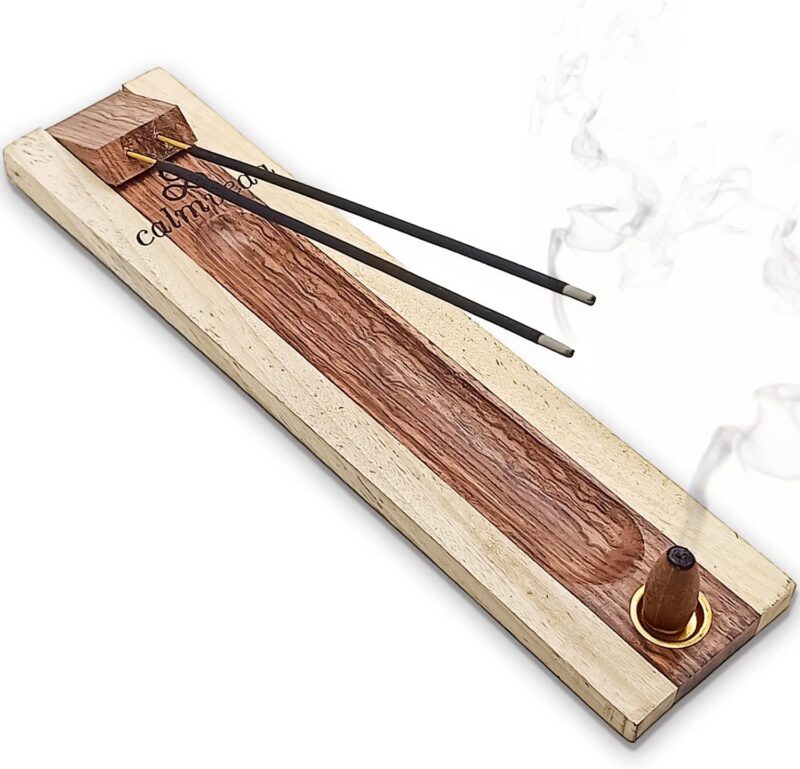 CALMVEDA Agarbatti Stand with Ash Catcher - 100% Sheesham Wood Handmade Incense Holder | Holds 2 Incense Sticks and Cones (11.5 Inch)(Conical)